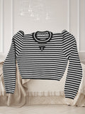 vlovelaw  Striped Crew Neck Knitted Top, Elegant Puff Sleeve Crop Stylish Sweater, Women's Clothing