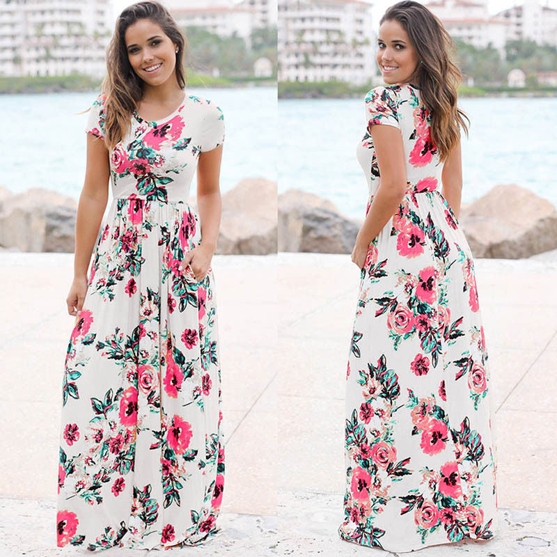 VLOVELAW EBay  Hot Sale European and American Summer Hot Short Sleeve Long Skirt Pocket Knitted Printing Dress