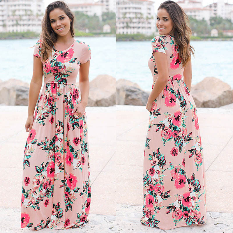 VLOVELAW EBay  Hot Sale European and American Summer Hot Short Sleeve Long Skirt Pocket Knitted Printing Dress