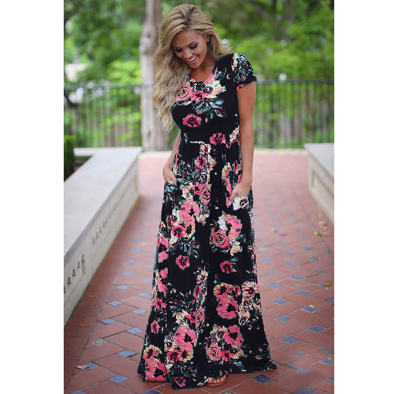 VLOVELAW EBay  Hot Sale European and American Summer Hot Short Sleeve Long Skirt Pocket Knitted Printing Dress