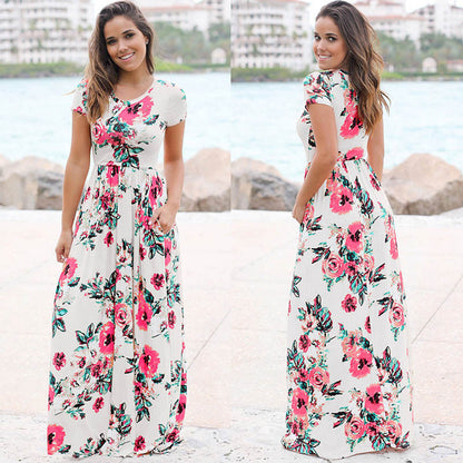 VLOVELAW EBay  Hot Sale European and American Summer Hot Short Sleeve Long Skirt Pocket Knitted Printing Dress