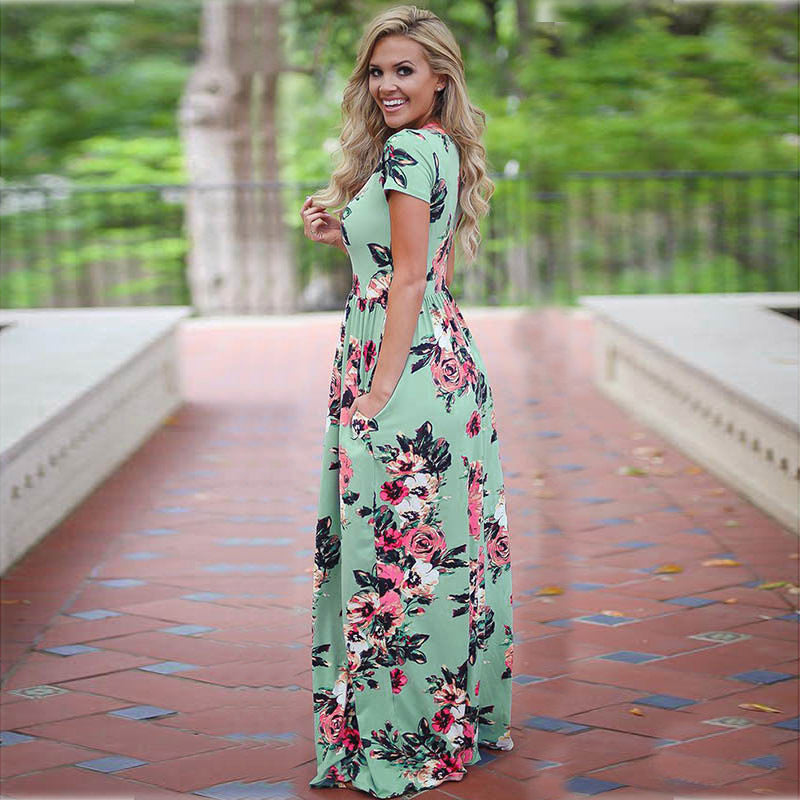 VLOVELAW EBay  Hot Sale European and American Summer Hot Short Sleeve Long Skirt Pocket Knitted Printing Dress