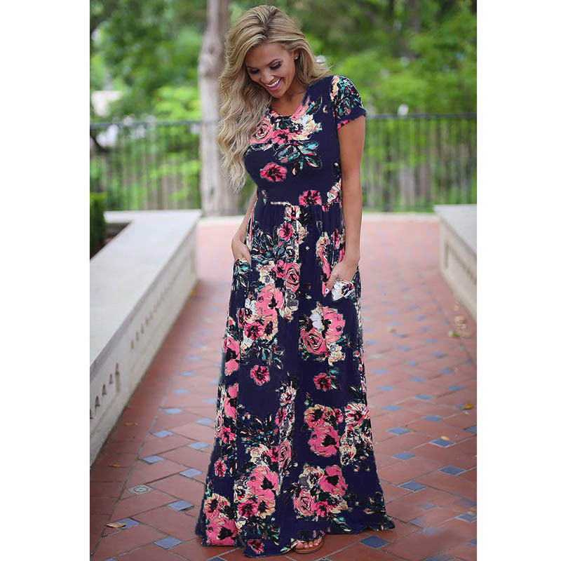 VLOVELAW EBay  Hot Sale European and American Summer Hot Short Sleeve Long Skirt Pocket Knitted Printing Dress