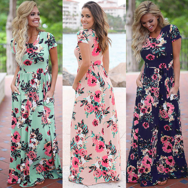 VLOVELAW EBay  Hot Sale European and American Summer Hot Short Sleeve Long Skirt Pocket Knitted Printing Dress