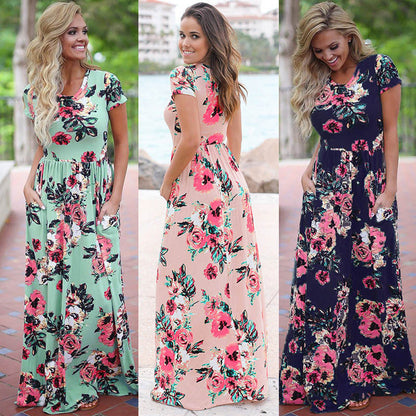 VLOVELAW EBay  Hot Sale European and American Summer Hot Short Sleeve Long Skirt Pocket Knitted Printing Dress