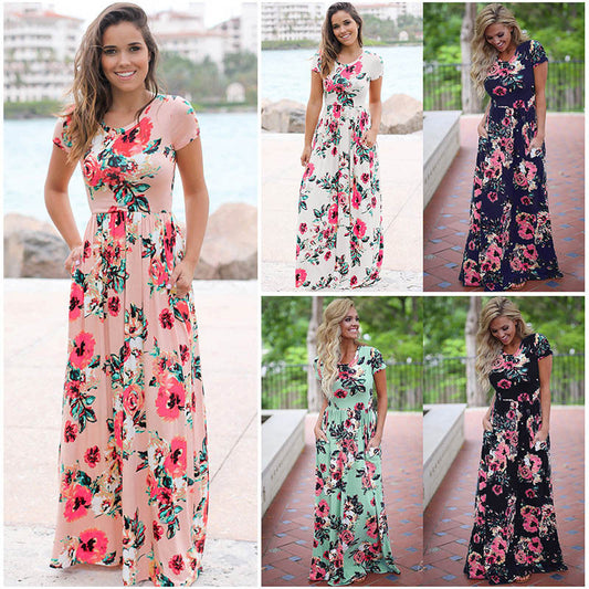 VLOVELAW EBay  Hot Sale European and American Summer Hot Short Sleeve Long Skirt Pocket Knitted Printing Dress