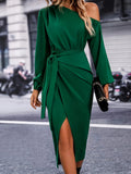 One-shoulder Lantern Sleeve Wrap Dress, Elegant Tie-waist Dress For Spring & Fall, Women's Clothing