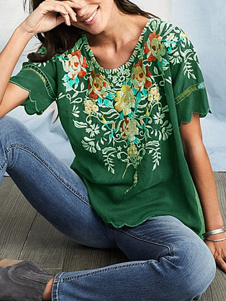 2025 summer  Popular trade women's clothing  short-sleeved embroidered top embroidered shirt crew neck shirt new