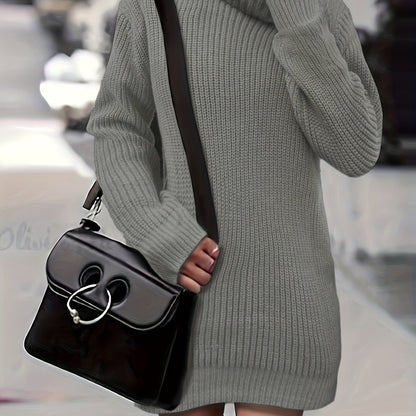 Solid Turtle Neck Baggy Knitted Dress, Casual Long Sleeve Dress For Fall & Winter, Women's Clothing