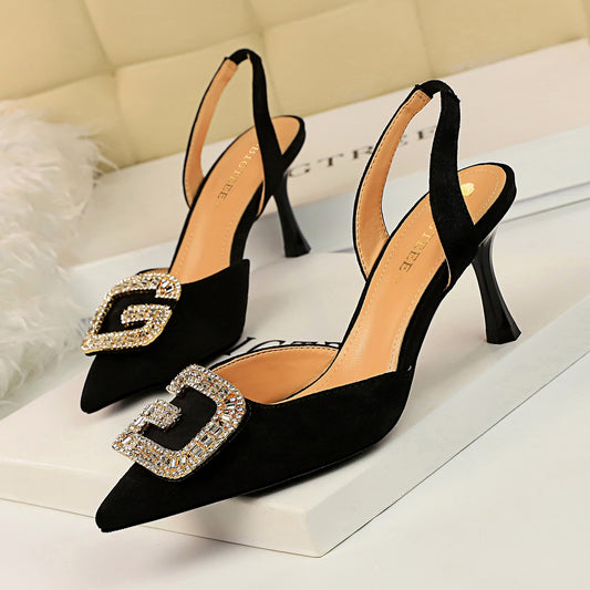 VLOVELAW  896-2 European and American Style Banquet Women's Shoes High Heel Low-Cut Pointed Toe Suede Hollow Back Strap Metal Rhinestone Buckle Sandals