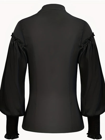Ruched V Neck Tunic Blouse, Stylish Shirred Lantern Sleeve Victorian Blouse, Women's Clothing