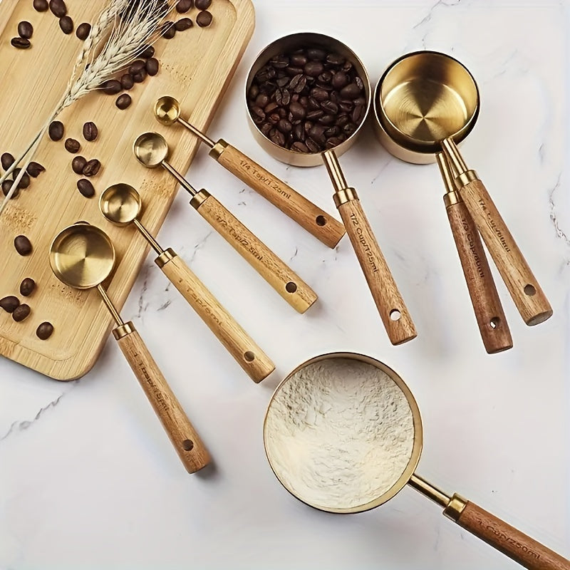 8pcs Set Stainless Steel Measuring Cups And Spoons With Acacia Wood Handles, Durable Kitchen Baking Tools, Includes Spice Spoon & Coffee Scoop, Nesting Design For Easy Storage