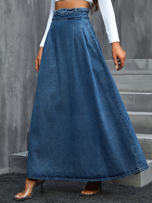 vlovelaw Blue Paperbag Waist Denim Maxi Skirt, Non-Stretch Elegant Denim Skirt, Women's Denim Clothing