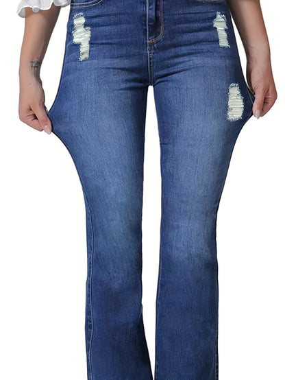 vlovelaw  Blue Double Button Flare Jeans, High Waist Ripped Holes High Stretch Versatile Bell Bottom Jeans, Women's Denim Jeans & Clothing