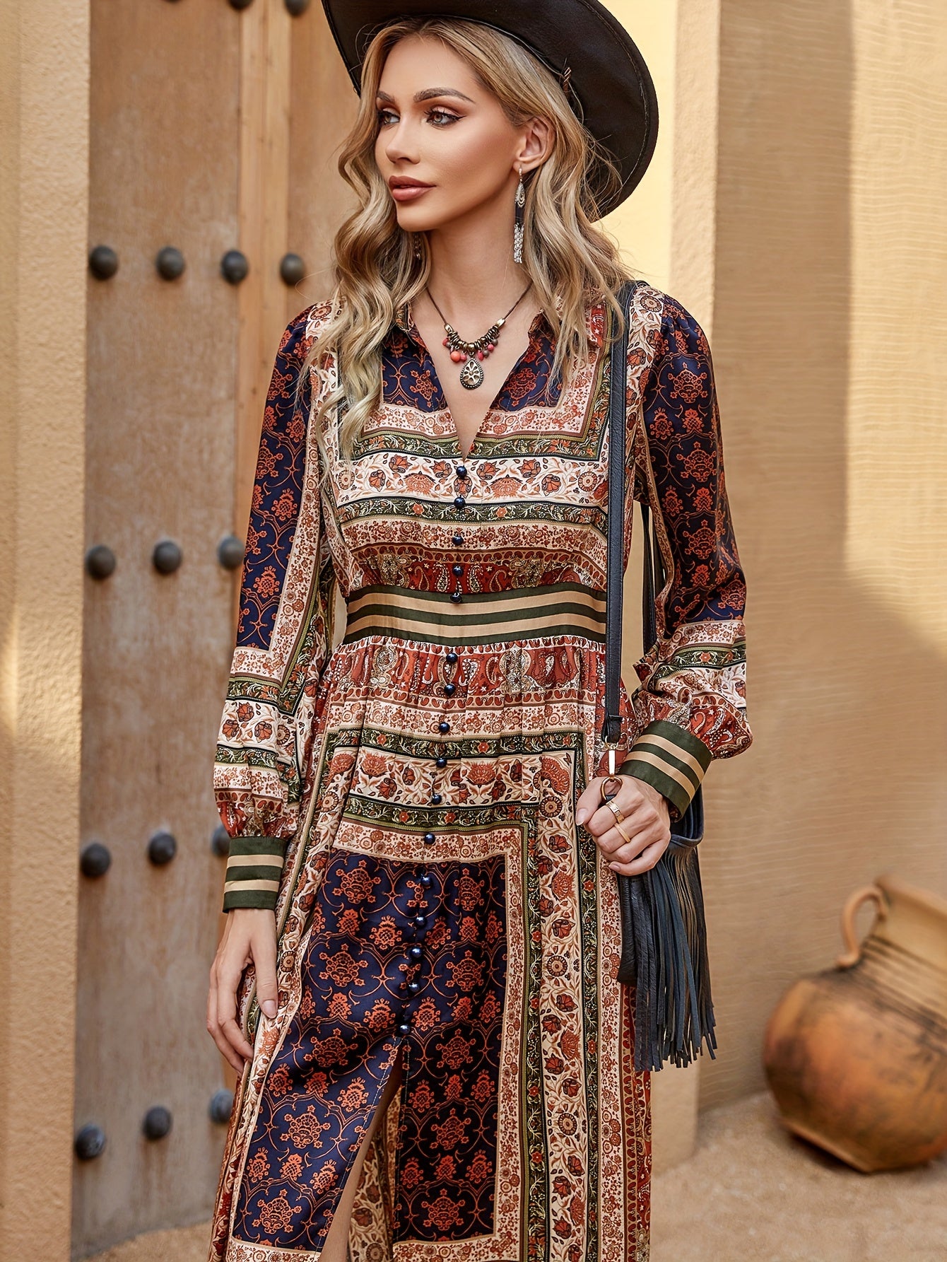 vlovelaw Boho Allover Print Button Detail Dress, Vintage V Neck Long Sleeve Dress For Spring & Fall, Women's Clothing