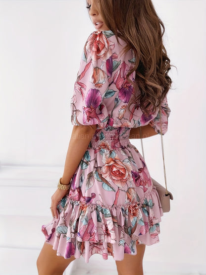 vlovelaw  Floral Print Layered Dress, Casual Short Sleeve Shirred Waist Ruffle Hem Dress, Women's Clothing