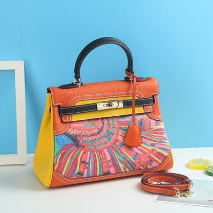 VLOVELAW 2025 New Fashion Printed Graffiti Kai Bag Cartoon Pattern Leather Women's Bag First Layer Cowhide One Shoulder Crossbody Handbag