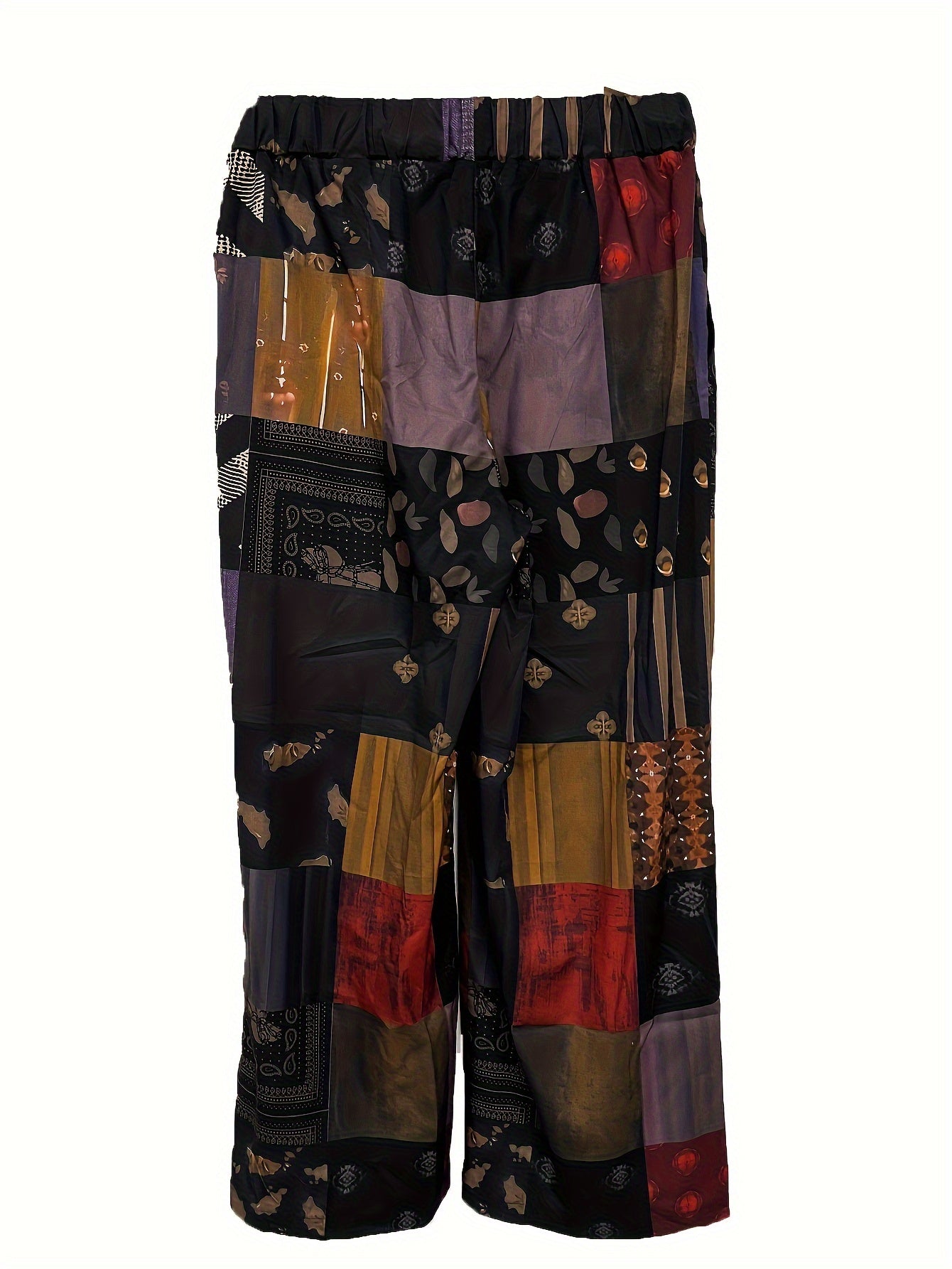 vlovelaw  Plus Size Retro Pants, Women's Plus Patchwork Print Drawstring Waist Straight Leg Loose Trousers