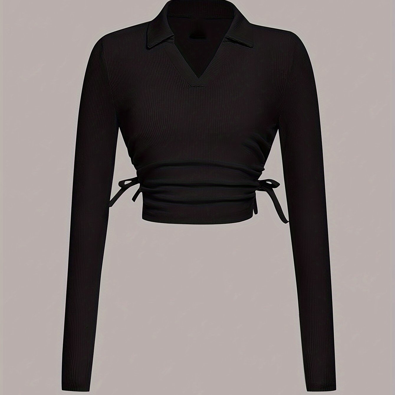 vlovelaw Solid V Neck T-shirt, Elegant Long Sleeve Ruched Top For Spring & Fall, Women's Clothing