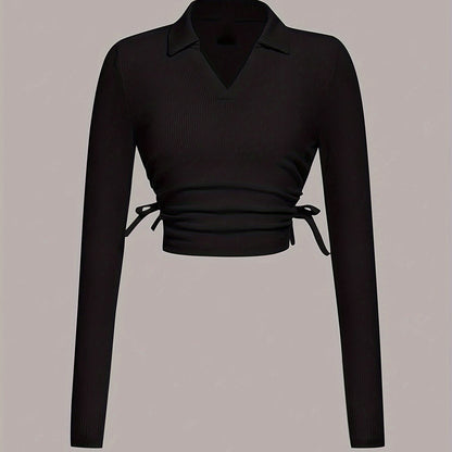 vlovelaw Solid V Neck T-shirt, Elegant Long Sleeve Ruched Top For Spring & Fall, Women's Clothing