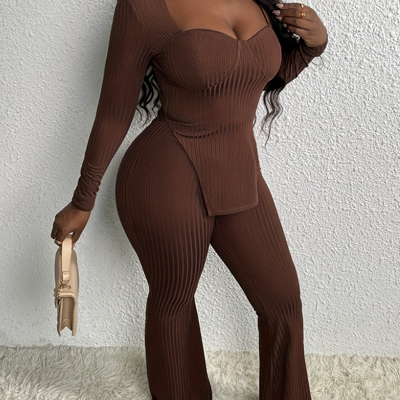 vlovelaw  Casual Ribbed Solid Color Pants Set, Sweetheart Neck Long Sleeve Split Hem Top & Flare Leg Pants Outfits, Women's Clothing