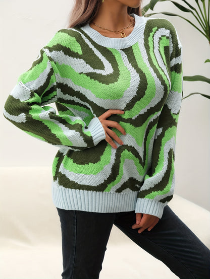 vlovelaw  Tie Dye Crew Neck Knitted Pullover Sweater, Casual Long Sleeve Sweater For Fall & Winter, Women's Clothing