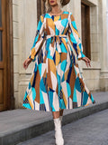 vlovelaw  Geo Print Ruffle Trim Dress, Elegant Crew Neck Long Sleeve Dress, Women's Clothing