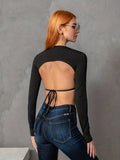 vlovelaw  Backless Drawstring Crop Tee, Y2K Crew Neck Long Sleeve Skinny Tee For Spring & Summer, Women's Clothing