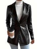 vlovelaw  One Button PU Jacket, Elegant Lapel Open Front Long Sleeve Outerwear, Women's Clothing