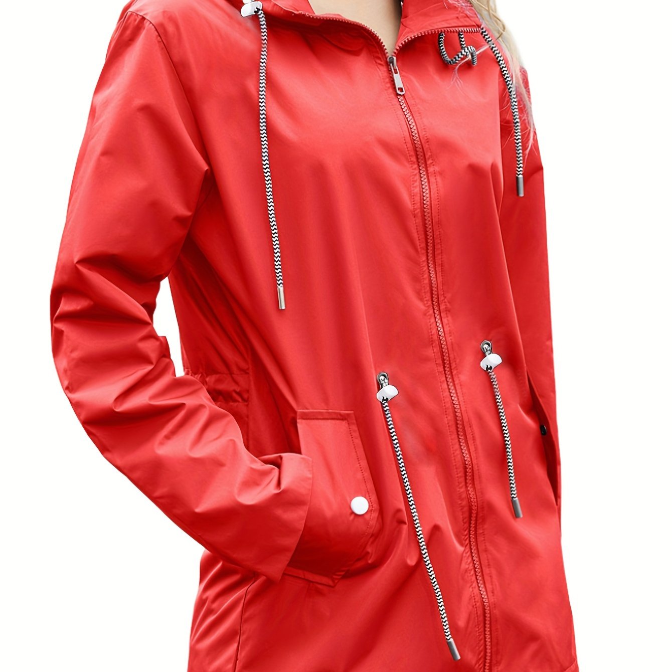 vlovelaw  Lightweight Waterproof Raincoats, Outdoor Hooded Windbreaker, Zip Up Drawstring Rain Jackets With Pockets, Women's Clothing