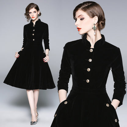 Black Hepburn stand-up collar gold velvet dress women's  autumn and winter wear medium and long temperament coat coat