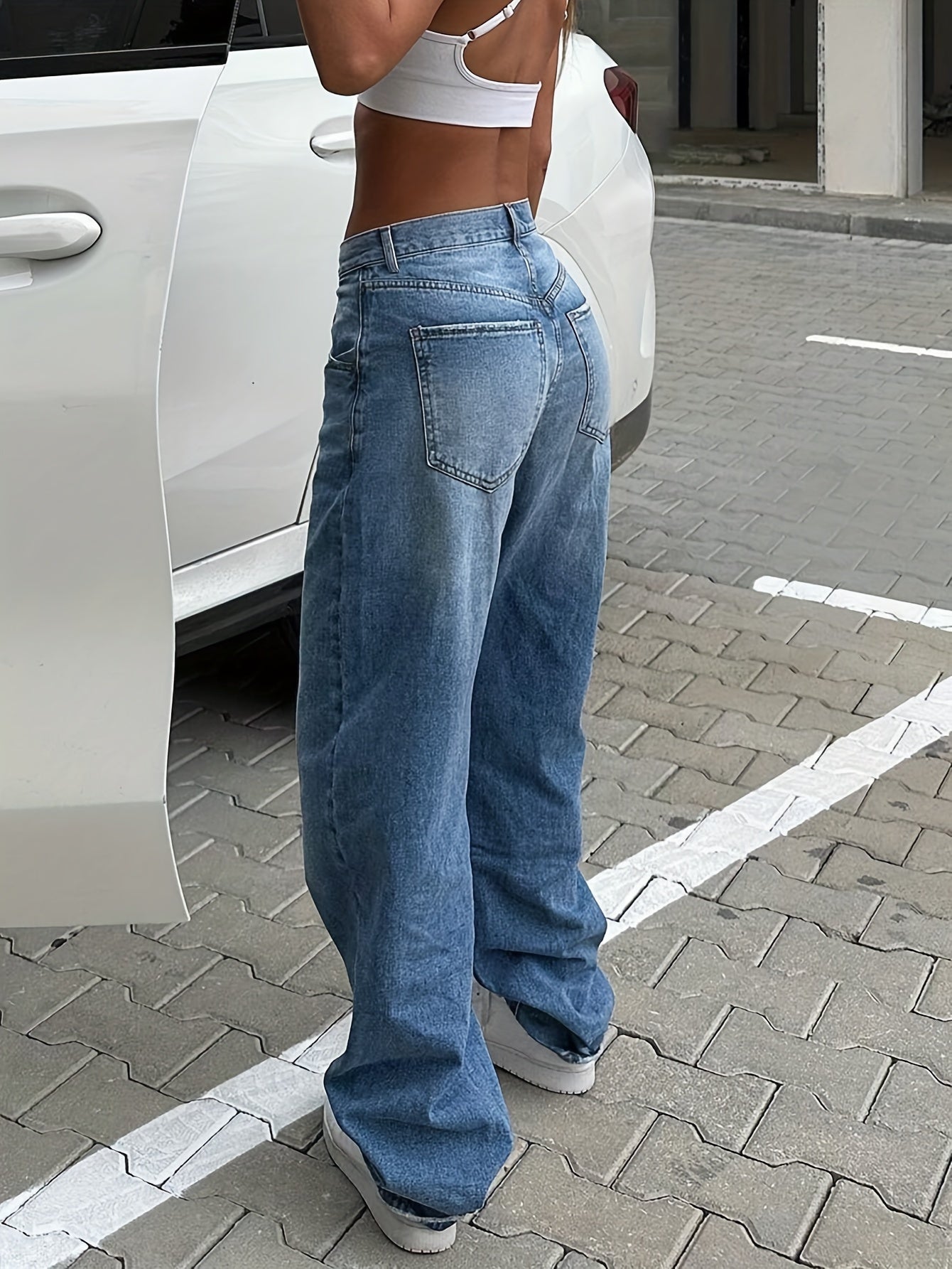 vlovelaw Loose Fit Washed Baggy Jeans, Slant Pockets Boyfriend Wide Legs Jeans, Women's Denim Jeans & Clothing