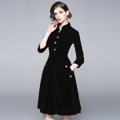 Black Hepburn stand-up collar gold velvet dress women's  autumn and winter wear medium and long temperament coat coat