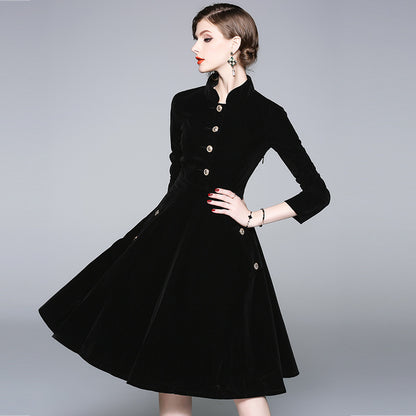Black Hepburn stand-up collar gold velvet dress women's  autumn and winter wear medium and long temperament coat coat