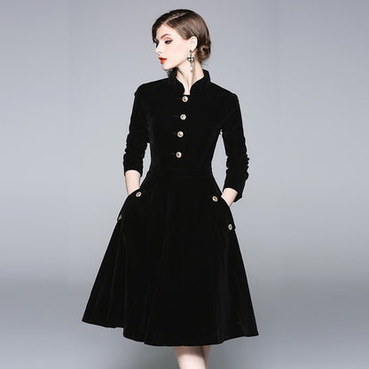 Black Hepburn stand-up collar gold velvet dress women's  autumn and winter wear medium and long temperament coat coat