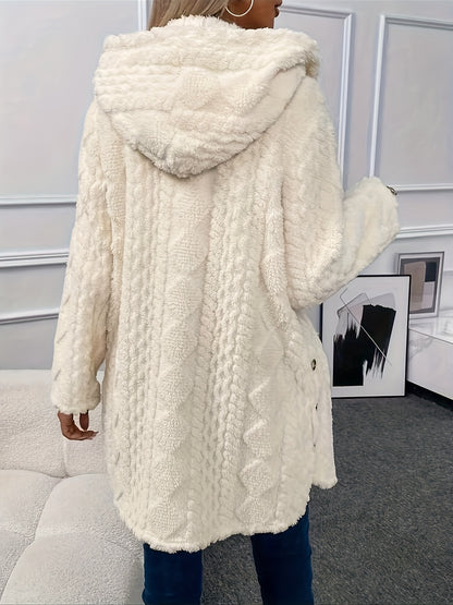 Women's Casual Fleece-Lined Hooded Coat - Mid-Length, Button Detail, Solid Color, Perfect for Fall/Winter