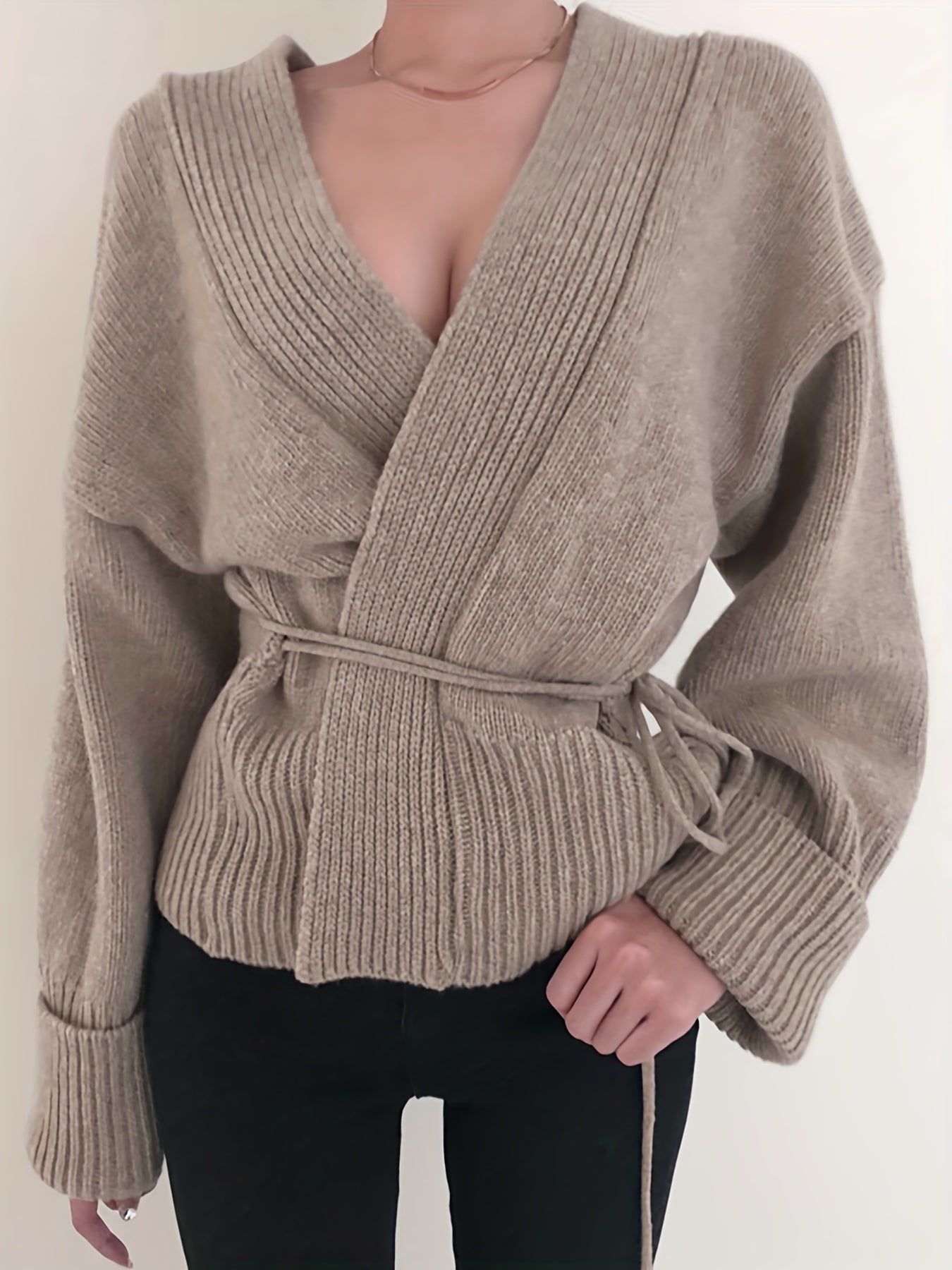 vlovelaw  Solid Open Front Knit Cardigan, Casual Long Sleeve Belted Sweater, Women's Clothing