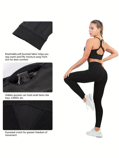 Women's Fleece Lined Yoga Leggings With Pockets, High Waisted Winter Thermal Running Pants, Hiking Workout Tights