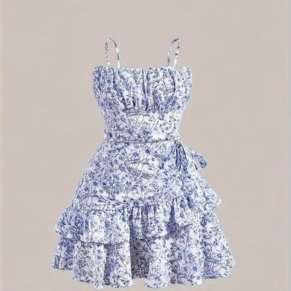 vlovelaw  Floral Print Cami Dress, Elegant Backless Layered Ruffle Hem Dress For Spring & Summer, Women's Clothing