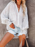 vlovelaw  Lantern Sleeve Striped Cross Shirts, Casual Every Day Blouses Tops, Women's Clothing