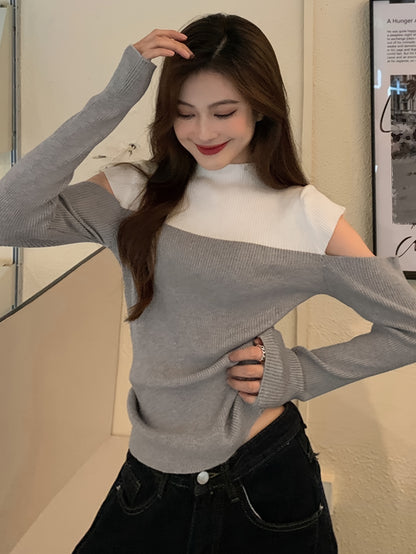 vlovelaw  Color Block Mock Neck Pullover Sweater, Casual Cold Shoulder Long Sleeve Stylish Sweater, Women's Clothing