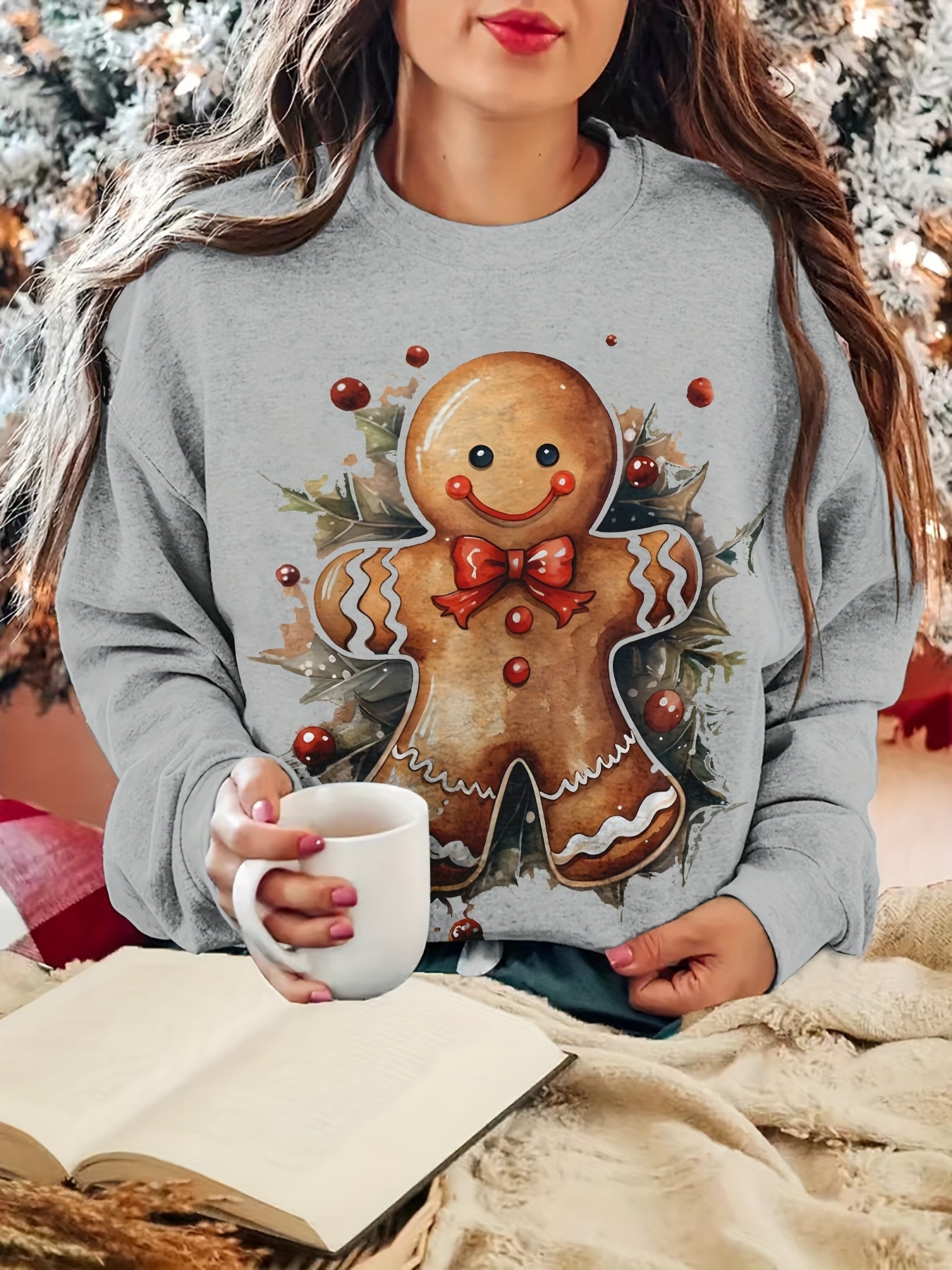 Women's Cute Christmas Gingerbread for Man Print Sweatshirt - Cozy Polyester, Machine Washable, Round Neck Pullover for All Seasons