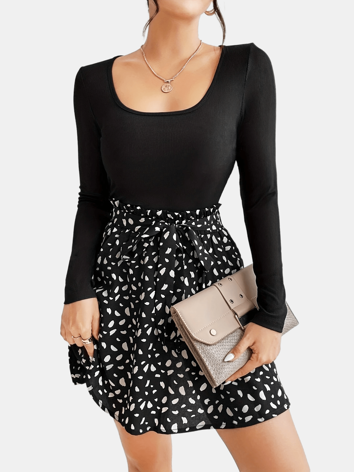 Elegant Simple Two-piece Set, Solid Scoop Neck Long Sleeve Tops & Allover Print Knotted Skirts Outfits, Women's Clothing