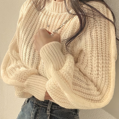 Solid Crew Neck Chunky Knit Sweater, Casual Long Sleeve Crop Pullover Sweater, Women's Clothing