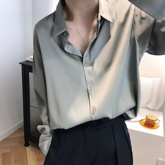 Luxi, satin chiffon shirt women's  spring and autumn design sense niche light and ripe solid color drape satin top 630