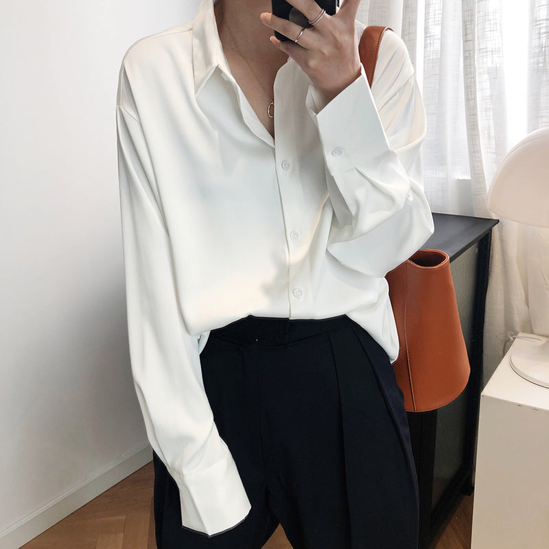 Luxi, satin chiffon shirt women's  spring and autumn design sense niche light and ripe solid color drape satin top 630