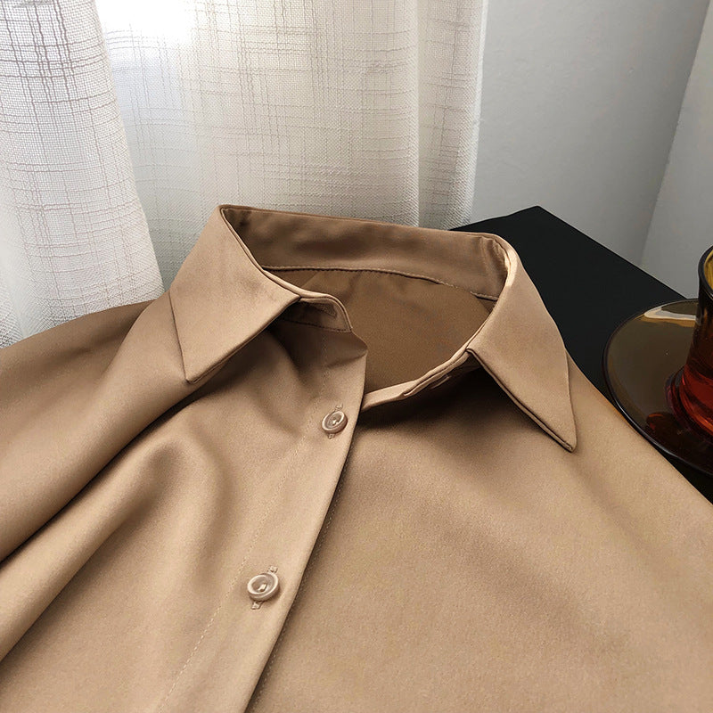 Luxi, satin chiffon shirt women's  spring and autumn design sense niche light and ripe solid color drape satin top 630