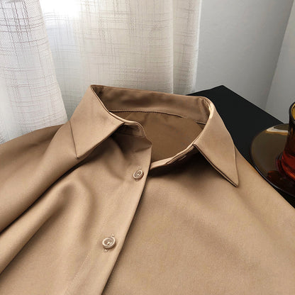 Luxi, satin chiffon shirt women's  spring and autumn design sense niche light and ripe solid color drape satin top 630