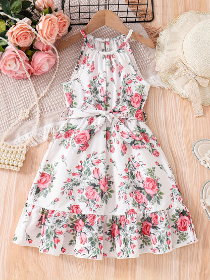 Adorable Vintage-Inspired Girls Floral Halter Dress - Flowy & Breathable for Summer Holidays, Perfect Festive Party Wear & Gift Idea
