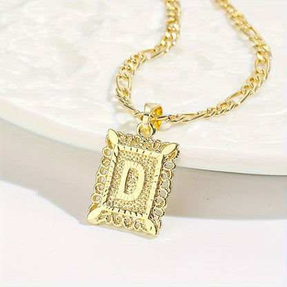 18K Gold Plated Square Monogram Pendant Necklace - Fashionable Personalized Alphabet Letter A-Z Figaro Chain Necklace for Men and Women - Copper Material, No Magnetic, No Mosaic, Plating-Free, Stylish Jewelry for Any Occasion